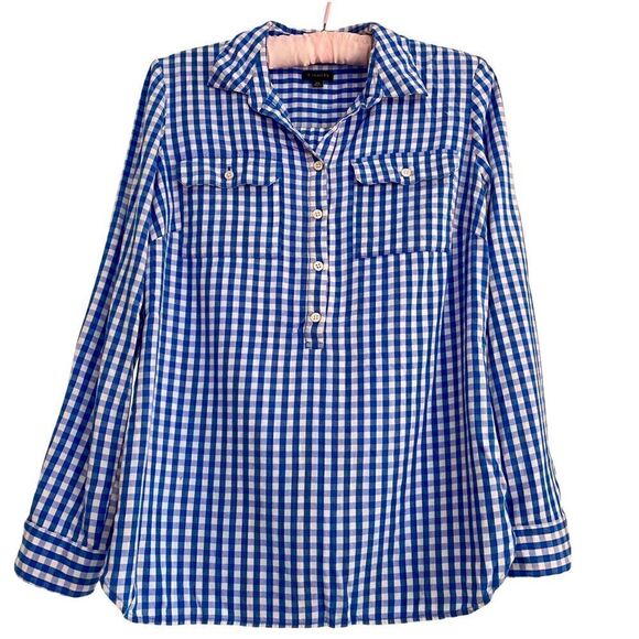 Talbots Blue + White Gingham Check Cotton Blend Long Sleeve Blouse XS - Picture 1 of 4
